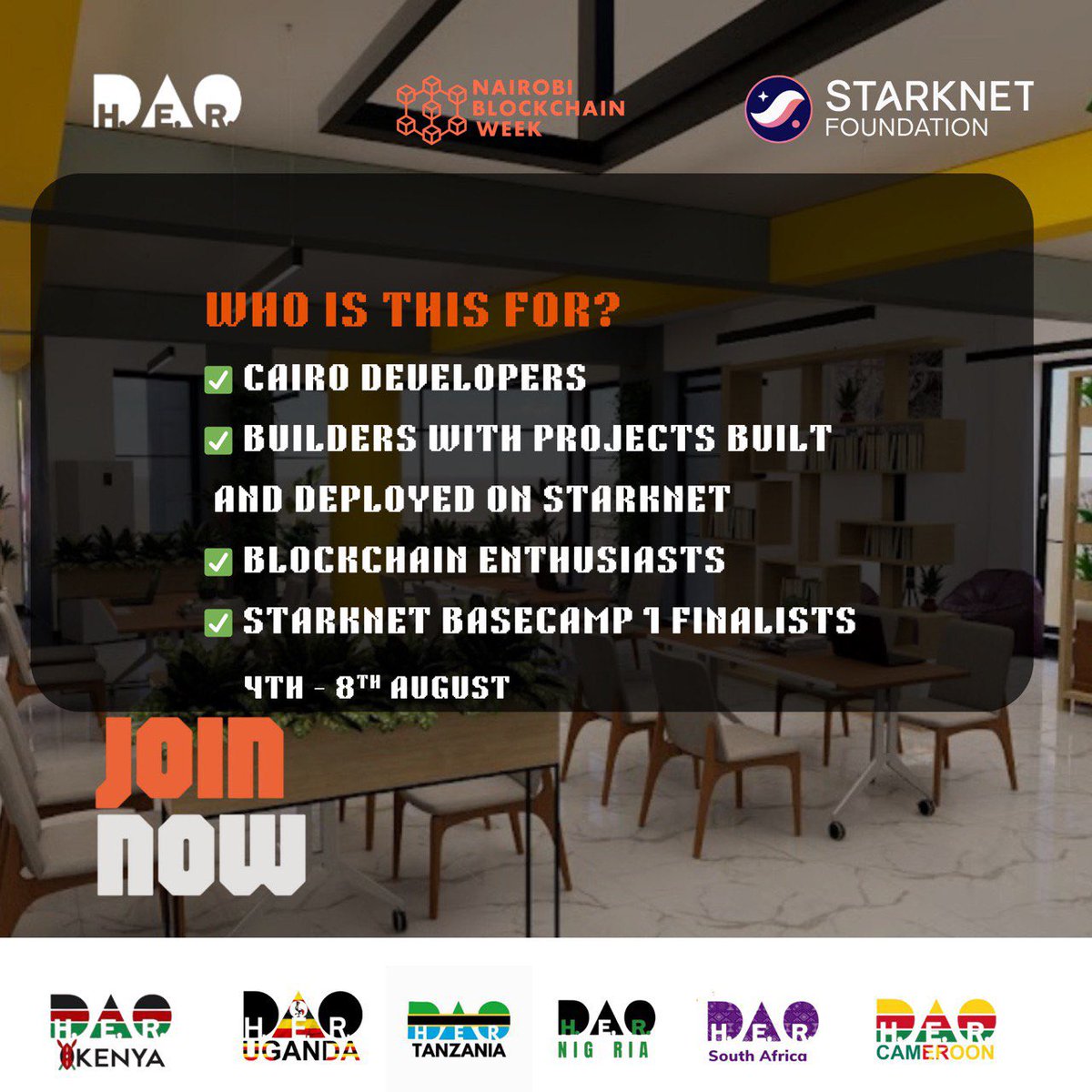 NBW_Officially's tweet image. 🚨 Starknet Basecamp 2 ,with @_HerDAO Africa Sub DAOs 2nd Edition is HERE 🇰🇪
And this time, it’s DIFFERENT. Structured. Focused. Outcome-driven.
👩🏽💻 Builders will receive hands-on technical support, build real MVPs, and get fast-tracked into the Nairobi Blockchain Week…