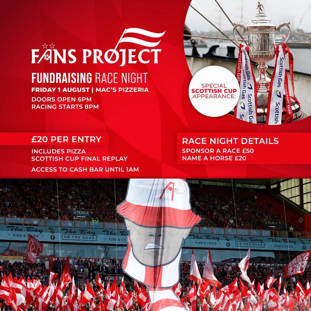 There are still tickets available for our race night on Friday 1st August. Pizza, Beers, Horse racing AND you can also get a pic with the Scottish Cup. Email fansproject@afc.co.uk to book tickets