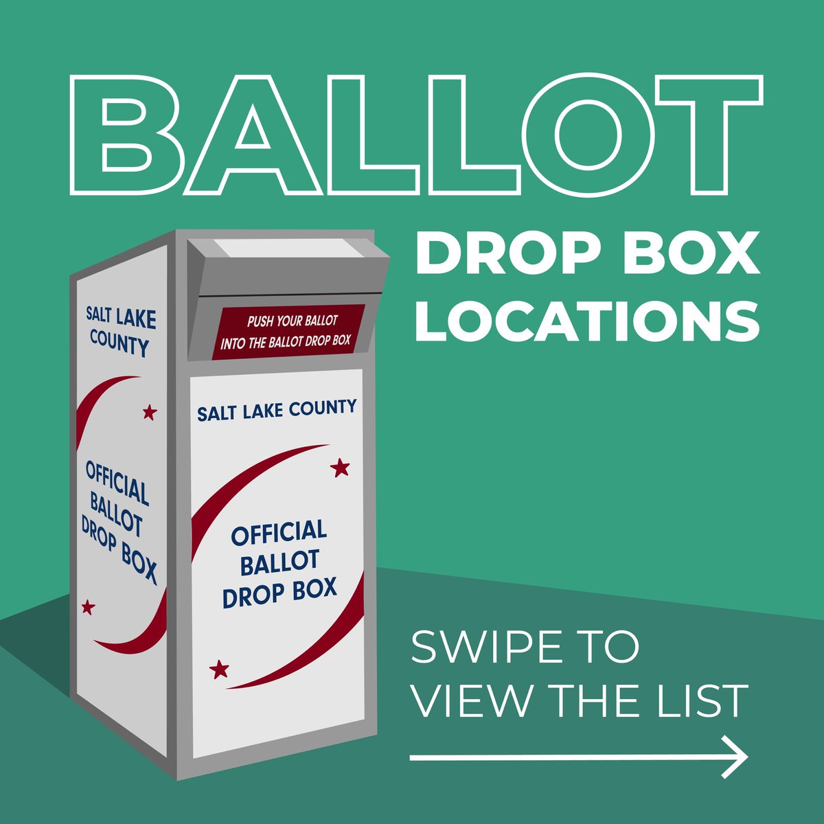 VoteSLCo's tweet image. Plan how you’re going to vote this election! Check out the map of all 28 drop boxes and find one near you at the link in our bio.