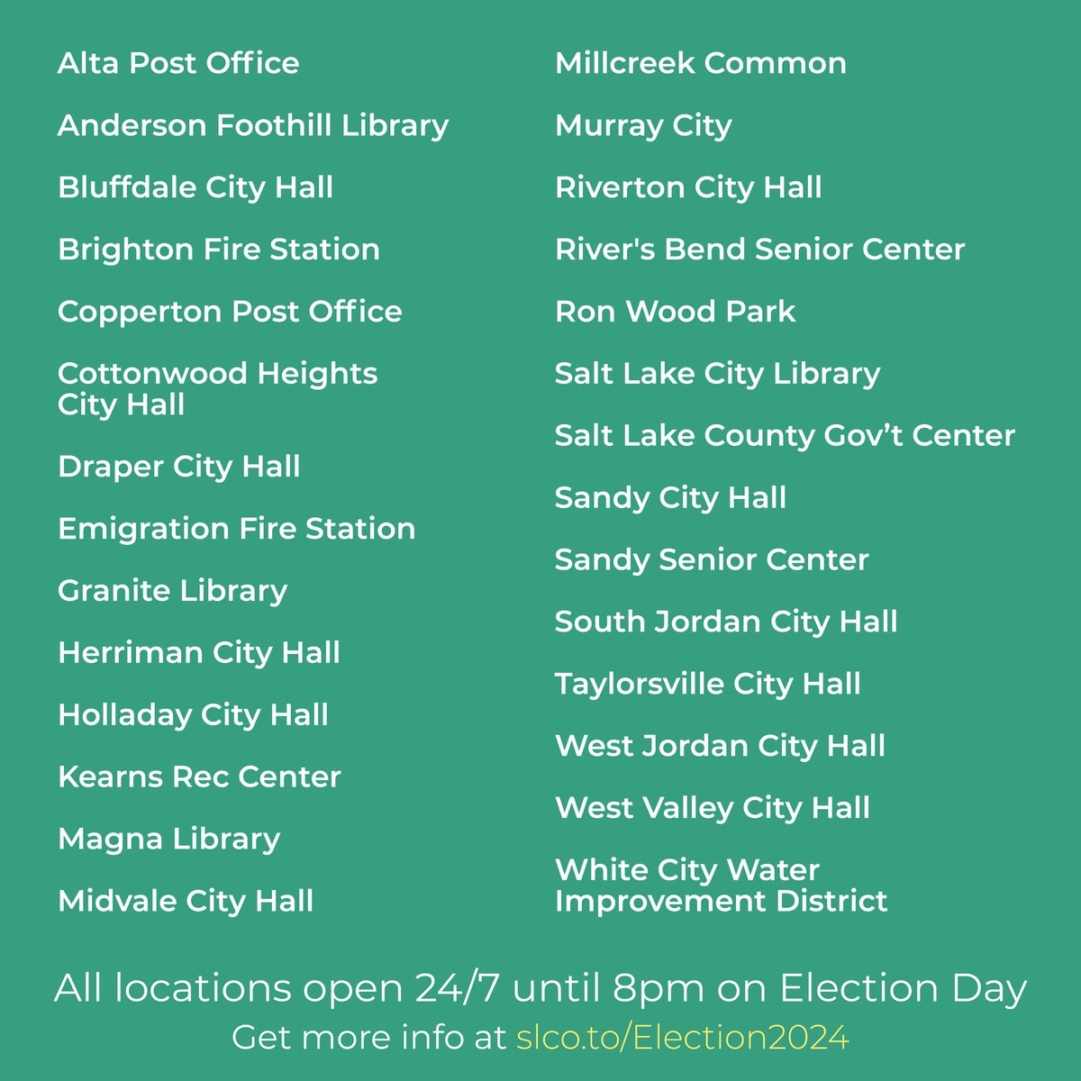 VoteSLCo's tweet image. Plan how you’re going to vote this election! Check out the map of all 28 drop boxes and find one near you at the link in our bio.
