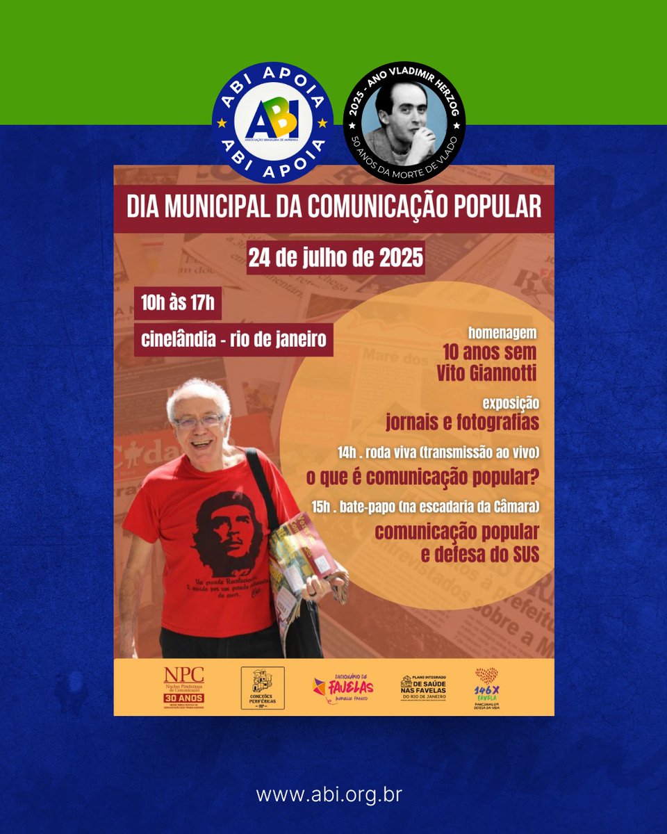 Amanhã, 24 de julho é comemorado como o Dia da Comunicação Popular no Rio de Janeiro, em homenagem a Vito Giannotti, falecido nesta data em 2015. 
A programação amanhã inclui um debate, às 15h, na escadaria da Câmara Municipal, com o tema “Comunicação Popular e Defesa do SUS”.