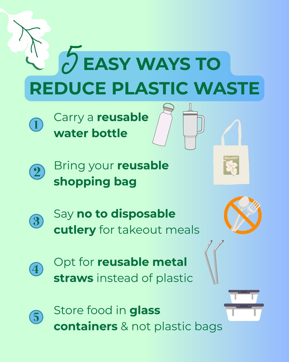 MassDEP's tweet image. It’s #WasteFreeWednesday! Make your everyday routine a little more sustainable with these five easy ways to reduce plastic waste. ♻️
#PlasticFreeJuly #SmallStepsBigDifference #MassDEP #ReducePlastic