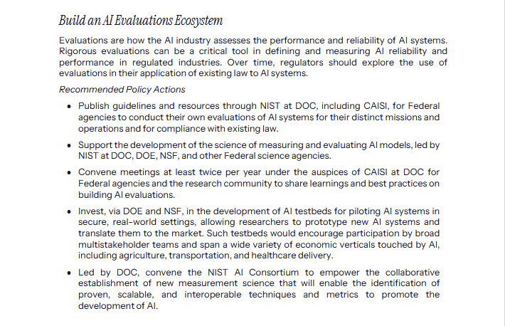 emollick's tweet image. There is a lot in the AI policy document, including needed attention to changing work & science plus AI evaluations & control
Less clear is if there will be investment in its goals (like open weights) or how it interacts with other government policies on education, science, etc.