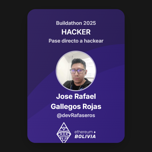 devRafaseros's tweet image. ¡Listo para construir en la #BuildathonBolivia 2025! 🚀 Miren mi Hacker-Card. ¿Quién más se une al reto? #ETHBolivia #Web3 #DestinoDevconnect a través de @EthereumBo