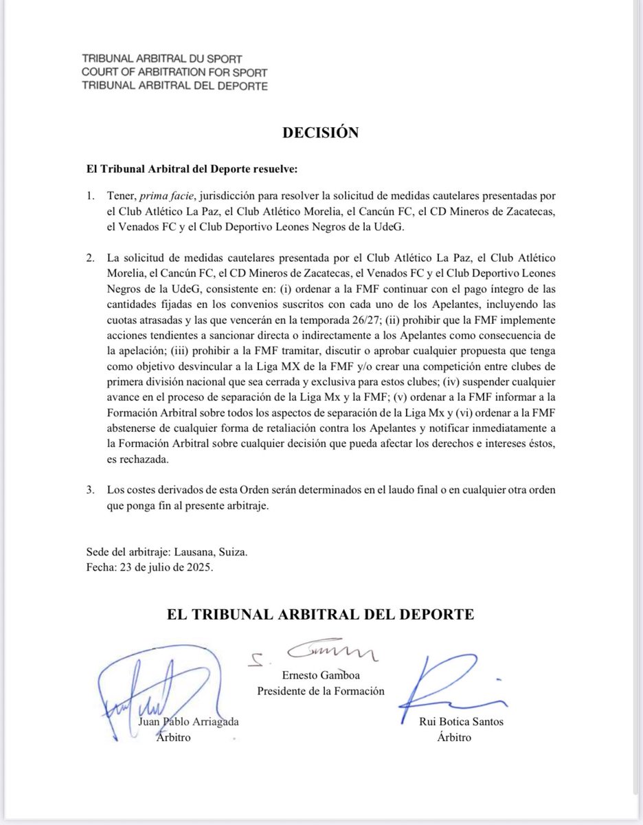 espnsutcliffe's tweet image. Duro golpe a los equipos de expansión!!! @LigaMXExpansion
Primer 🥊 ganado para la @LigaBBVAMX y @FMF
El TAS resuelve en contra de los equipos expansión y da la razón a la FMF. Niega totalmente las medidas cautelares solicitadas.
El asunto definitivo será resuelto por el…