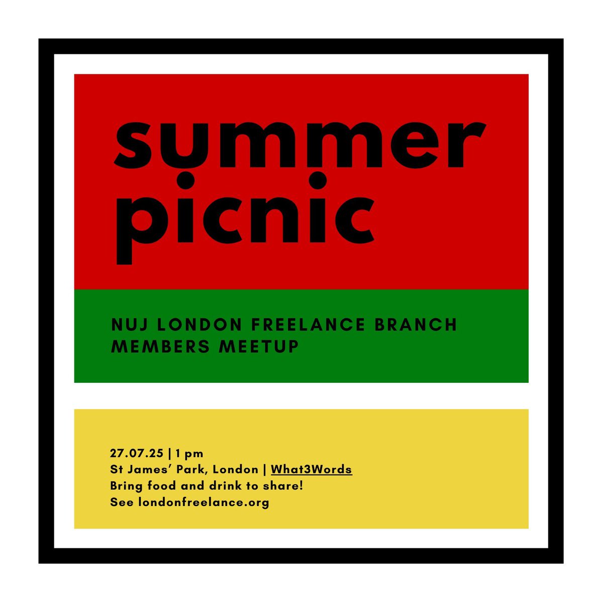 NUJ_LFB's tweet image. LFB Picnic in the Park - Sun 27 July 🥖 🍷 🌳
Meet at 1 pm in St James' Park London.
Bring food and drink to share. See you there!
londonfreelance.org/fl/2507picnic.…