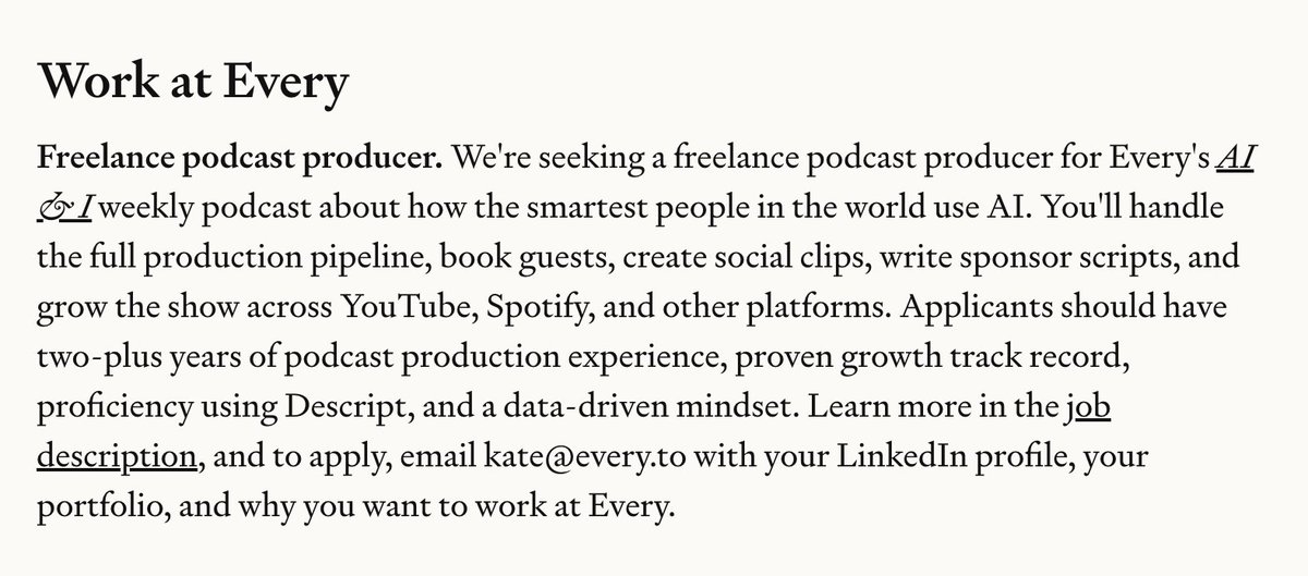 🎙️ We’re hiring a freelance podcast producer!

You’ll help shape AI &amp; I—our weekly show on how the smartest people use AI.

If you’re excited about AI, fluent in Descript, and love turning big ideas into great episodes, we want to talk to you!

Details in the JD ↓