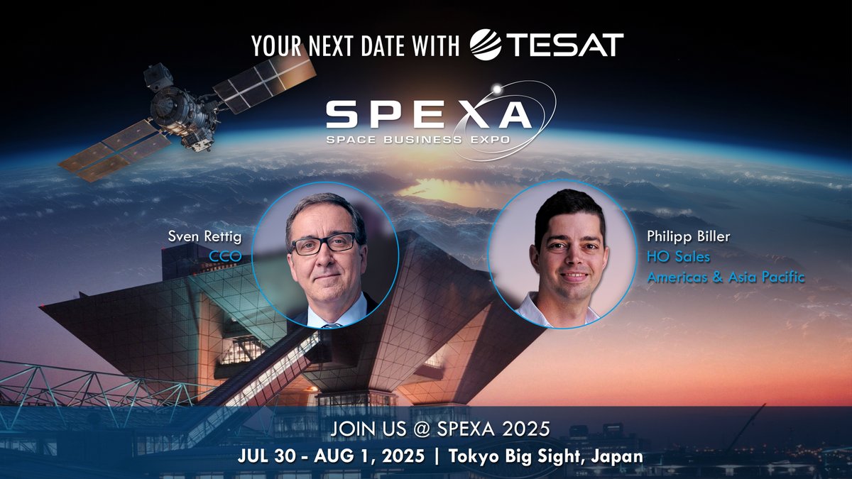 🚀 TESAT @ #SPEXA2025 | Tokyo Big Sight 🗓️ July 30 – Aug 1 - Meet us at Japan’s top space business expo! 🔹 SCOT optical terminals (20/30/80/135) 🔹 Hybrid networks &amp; multi-domain connectivity 🎤 Don’t miss: 📍 Philipp Biller 🕥 30.07. | 10:30–11:00 JST 📌 <a href="/TesatSpacecom/">TESAT</a> pitch