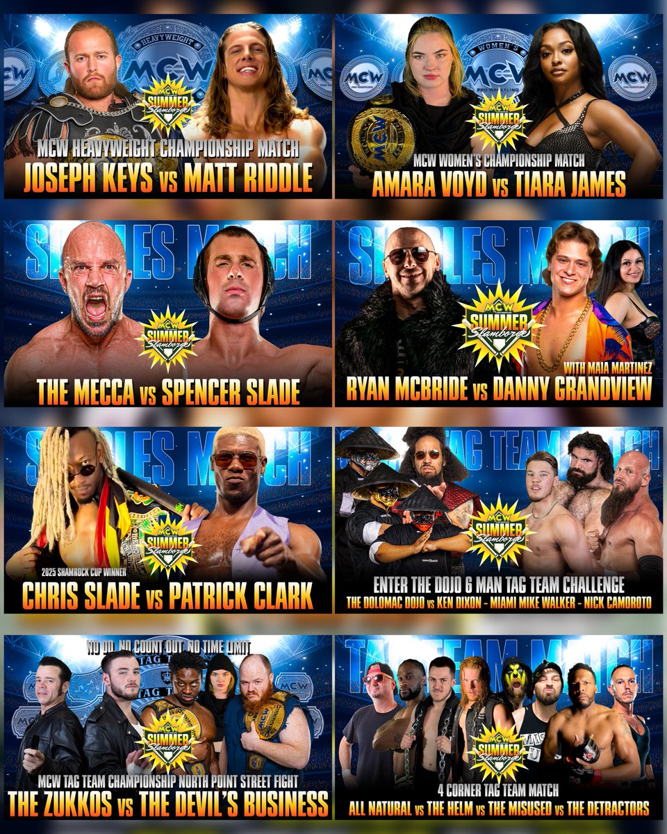 MCW Pro Wrestling (@mcwwrestling) on Twitter photo The card is set for THIS SUNDAY in Dundalk, MD for #MCWSummerSlamboree 2025‼️
🎟️ linktr.ee/MCWProWrestling
🏆 MCW Heavyweight Championship 🏆
<a href="/Cupofjoekeys/">Joseph Keys 🔝G</a> (c) 🆚 <a href="/SuperKingofBros/">Matthew Riddle</a>
@SladeWrestler 🆚 @BJo_Mecca
<a href="/ChrisSlade25/">Chris Slade</a> 🆚 <a href="/PatrickClarkJr/">DREAM PATRICK CLARK</a>
🏆 MCW Women’s Championship 🏆 The card is set for THIS SUNDAY in Dundalk, MD for #MCWSummerSlamboree 2025‼️
🎟️ linktr.ee/MCWProWrestling
🏆 MCW Heavyweight Championship 🏆
<a href="/Cupofjoekeys/">Joseph Keys 🔝G</a> (c) 🆚 <a href="/SuperKingofBros/">Matthew Riddle</a>
@SladeWrestler 🆚 @BJo_Mecca
<a href="/ChrisSlade25/">Chris Slade</a> 🆚 <a href="/PatrickClarkJr/">DREAM PATRICK CLARK</a>
🏆 MCW Women’s Championship 🏆