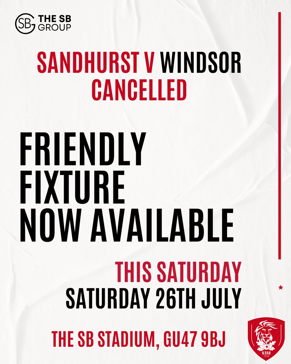 Sandhursttownfc's tweet image. Unfortunately Windsor have pulled out of the league, which means our game is cancelled on Saturday. Please DM or email secretary@sandhursttownfc1910.com, if you are interested. KO TBC
@FootballWebPgs, @NonLeagueHQ1, @ComCoFL, @fiberkshire, @berksandbucksfa