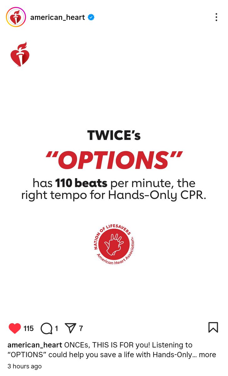 OLTSupport's tweet image. You can save a life with TWICE's "BATTITUDE" . It's a song with 120 beats per minute according to American Heart Association β€οΈπ
Also OPTIONS" is a song with 110 beats per minute
TWICE SAVING LIFES π