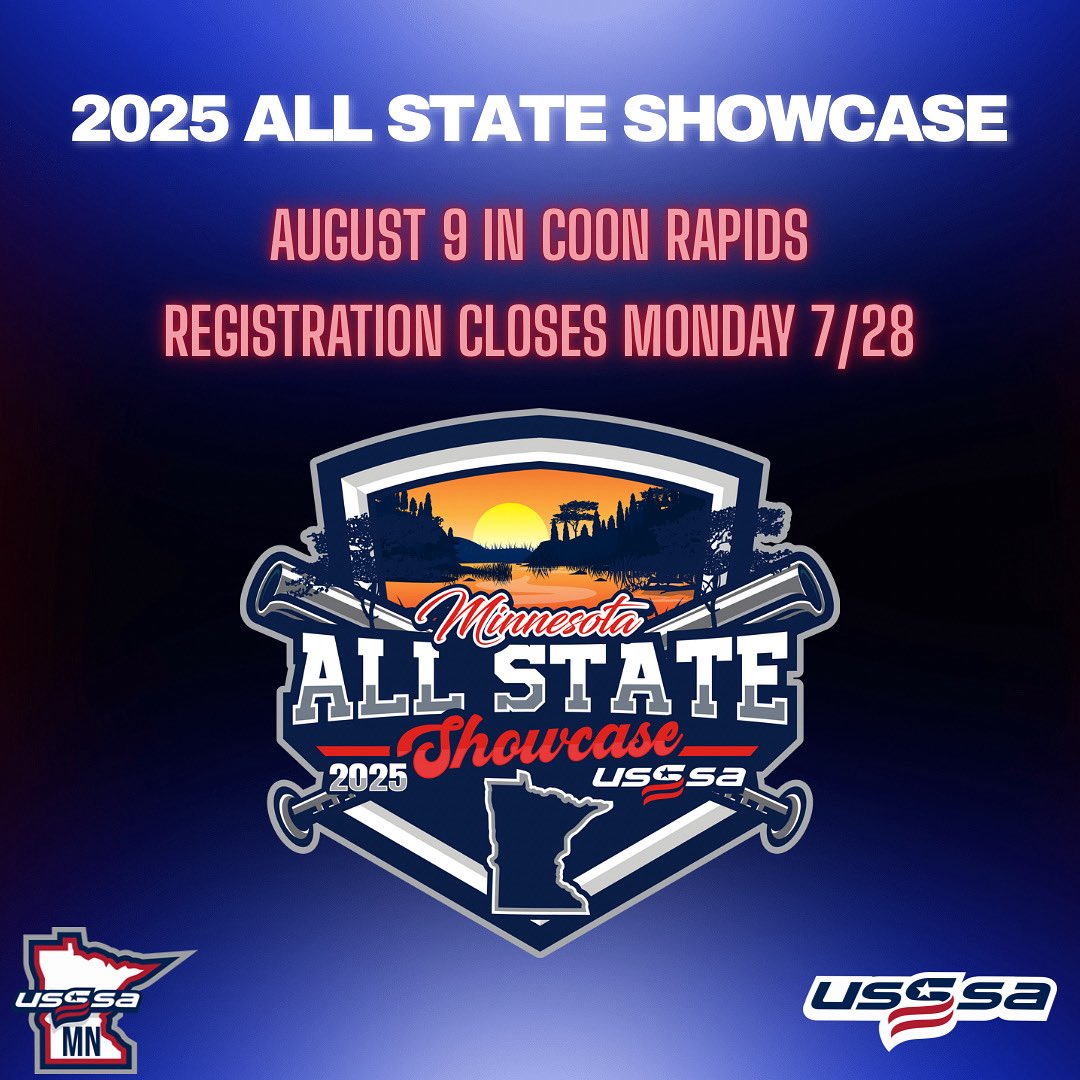 Are you signed up for the All State Showcase yet?

Today is the deadline to get the $150 cost. $175 cost closes on Monday 7/28. Your coach must nominate you first. Then you get an email. If you don’t get an email, you can register directly at the link.

mnfastpitch.usssa.com/event/2025-min…