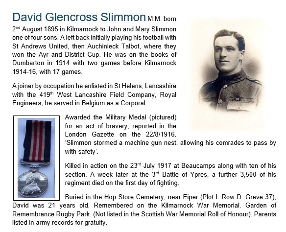 WW1BWFC's tweet image. David Glencross Slimmon Military Medal
West Lancashire Field Company
Royal Engineers
Killed 23rd July 1917 Belgium
Footballer St Andrews United, Auchinleck Talbot, Dumbarton, Kilmarnock