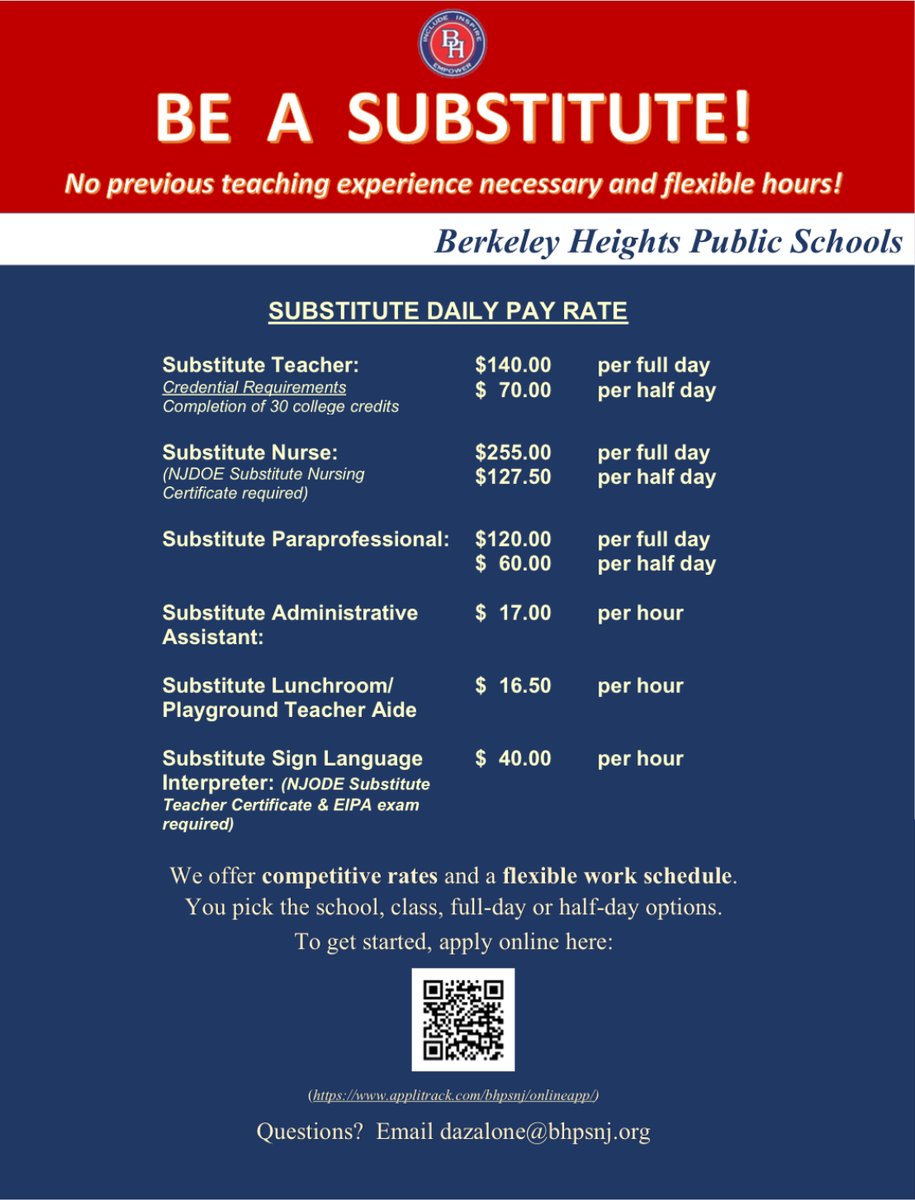 bhpsnj (@bhpsnj) on Twitter photo BHPS seeks qualified individuals for a variety of substitute positions. We offer competitive rates and a flexible work schedule. You pick the school, class, full-day or half-day options.
Apply online: applitrack.com/bhpsnj/onlinea…
Questions? Email dazalone@bhpsnj.org BHPS seeks qualified individuals for a variety of substitute positions. We offer competitive rates and a flexible work schedule. You pick the school, class, full-day or half-day options.
Apply online: applitrack.com/bhpsnj/onlinea…
Questions? Email dazalone@bhpsnj.org