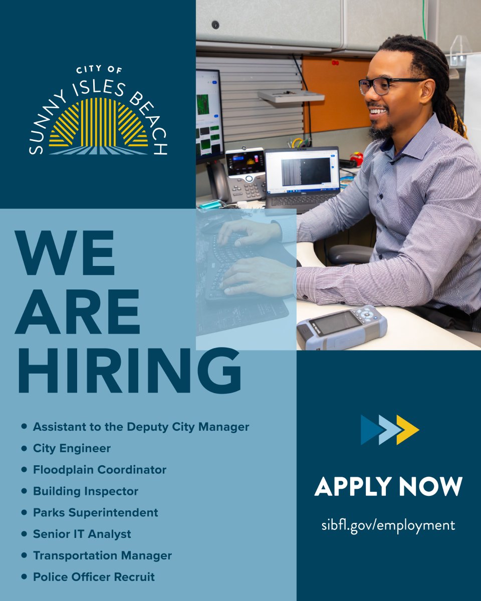 Work with us in Sunny Isles Beach! We're hiring for multiple roles including City Engineer, Assistant to the Deputy City Manager, Senior IT Analyst, and more. 

Benefits include medical, dental, vision, FRS, tuition reimbursement, and more.

 Apply at sibfl.gov/employment.