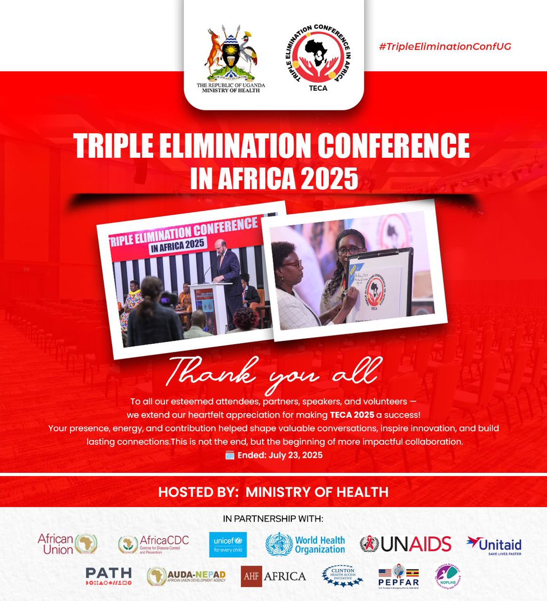 ndagijerichie's tweet image. Triple Elimination Conference Africa 2025 has officially wrapped!
Thank you to everyone who made it a success.
Together, we are moving closer to eliminating HIV, Hepatitis B & Syphilis in Africa.
#TripleEliminationConfUG