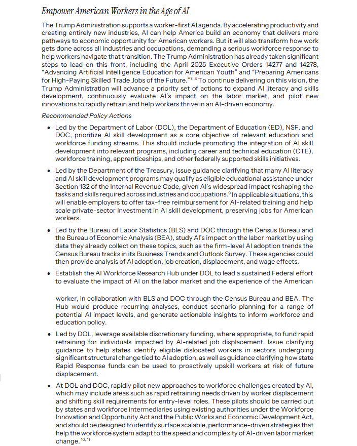 emollick's tweet image. There is a lot in the AI policy document, including needed attention to changing work & science plus AI evaluations & control
Less clear is if there will be investment in its goals (like open weights) or how it interacts with other government policies on education, science, etc.