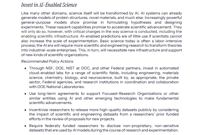 emollick's tweet image. There is a lot in the AI policy document, including needed attention to changing work & science plus AI evaluations & control
Less clear is if there will be investment in its goals (like open weights) or how it interacts with other government policies on education, science, etc.