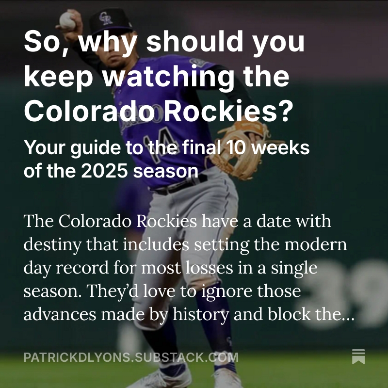 PatrickDLyons's tweet image. Whether you're rooting for them to make history or avoid it, the #Rockies should be paid some attention.
Why?
Another @Rockies_Insider newsletter FREE on Substack.
📰: patrickdlyons.substack.com/p/so-why-shoul…