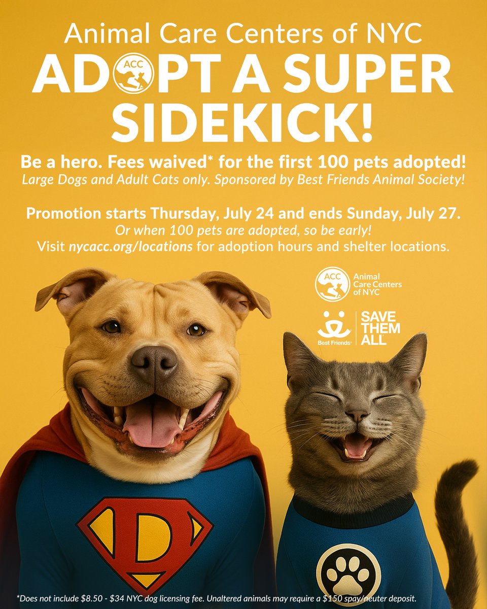 JoannAriola32's tweet image. Starting tomorrow @NYCACC adoption fees will be waived on large dogs and cats for the first 100 animals, as they work to alleviate their overcrowding issues.
If you have been thinking about adopting a pet, now is the time!!