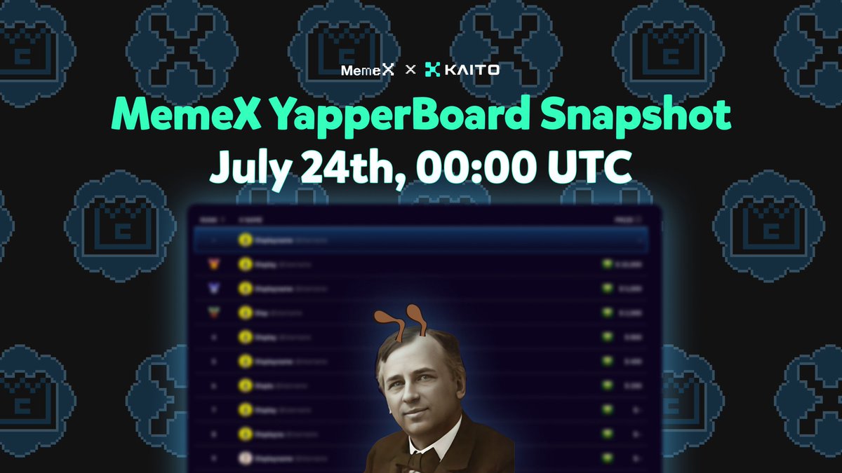 📢MemeX YapperBoard Notice

📷Snapshot time: July 24th, 2025 00:00 UTC
💰Rewards claim: July 31st, 2025

Winners will be able to claim rewards on MemeX on the day of distribution. Details will be released soon.

Thank you for your love and energy to MemeX💛

Where are you ranked