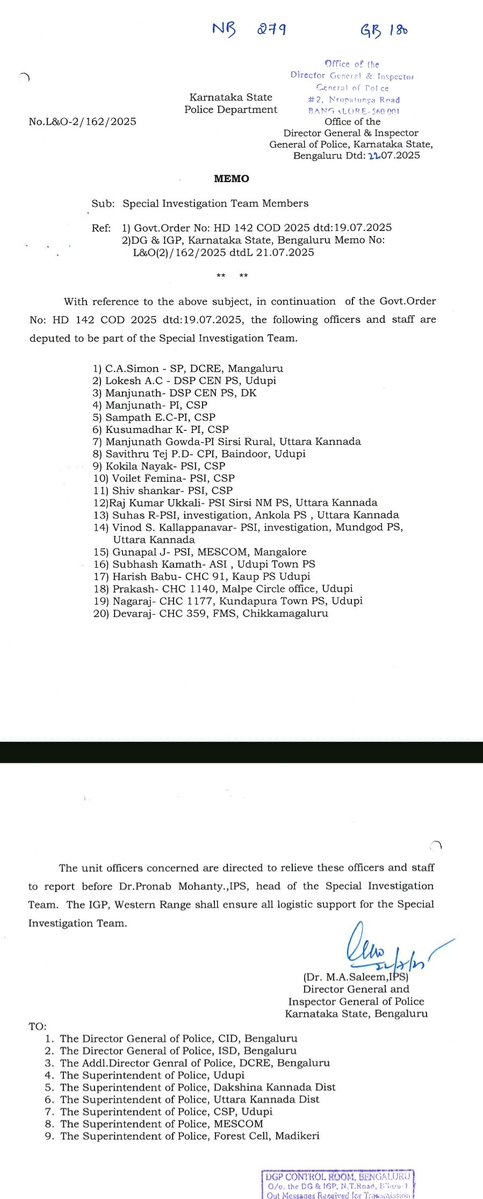 prajwaldza's tweet image. #Dharmasthala mass burials case. Twenty officers and staff appointed to assist the SIT in their probe. Details below. @DeccanHerald