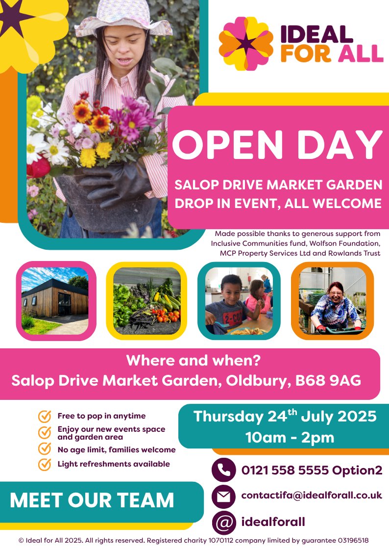 Join us tomorrow at Ideal for All's Open Day at Salop Drive Market Garden! 
Discover our beautiful gardens, enjoy light refreshments, and take a guided tour. 
It's a perfect day to connect with nature and community. 
See you there! 
#IdealForAll #OpenDay #CommunityGarden