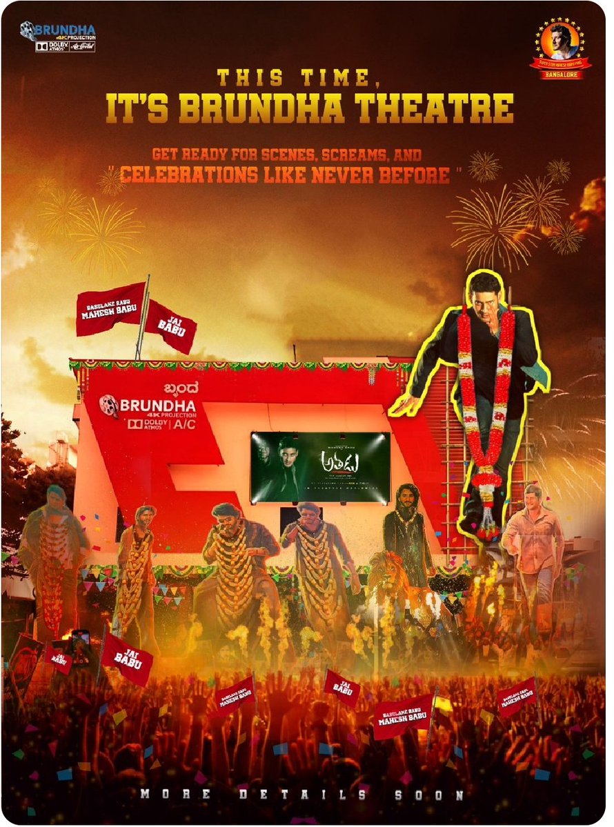 BRUNDHA CINEMAS :BANGALORE (@brundha4k_atmos) on Twitter photo Time for celebrate 50th birthday #SSMBGoldenYearCelebrations at <a href="/Brundha4k_atmos/">BRUNDHA CINEMAS :BANGALORE</a>
Fans get ready to celebrate 50th birthday celebrations. Show timings will be updated soon.
<a href="/urstrulyMahesh/">Mahesh Babu</a> #SSMB30 #SSMB29 #SSMBGoldenYear #SSMBGoldenEra Time for celebrate 50th birthday #SSMBGoldenYearCelebrations at <a href="/Brundha4k_atmos/">BRUNDHA CINEMAS :BANGALORE</a>
Fans get ready to celebrate 50th birthday celebrations. Show timings will be updated soon.
<a href="/urstrulyMahesh/">Mahesh Babu</a> #SSMB30 #SSMB29 #SSMBGoldenYear #SSMBGoldenEra