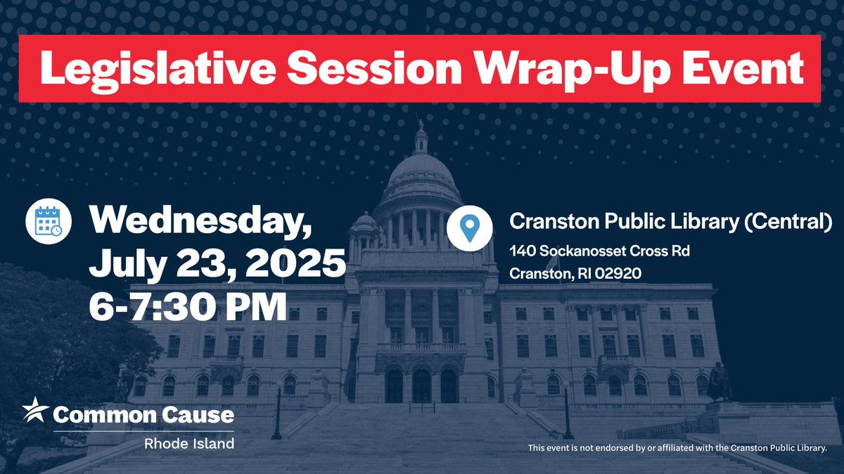 TODAY at 6PM: Join us for our legislative session debrief at the Cranston Public Library! RSVP here ➡️act.commoncause.org/events/legisla…
*This event is not endorsed by or affiliated with the Cranston Public Library.