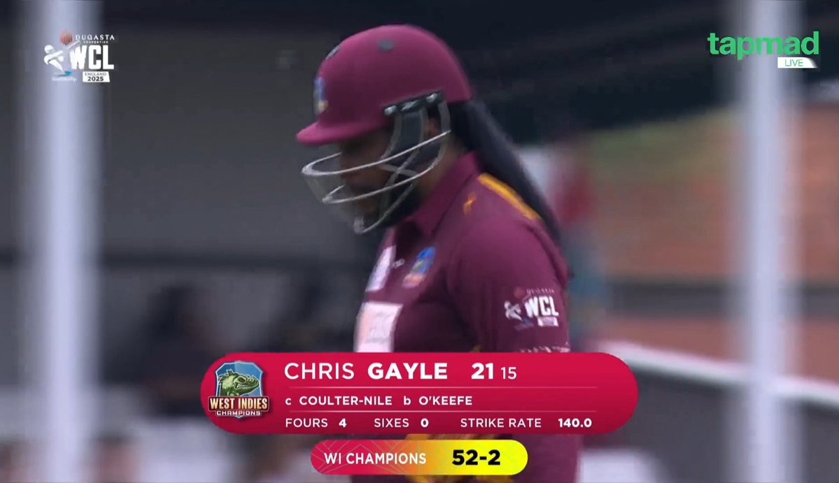 _FaridKhan's tweet image. Chris Gayle dismissed for 21 runs off 15 balls. He was playing so well ๐ฅบ๐
#WCL25 #tapmad #CatchEveryMatch #DontStopStreaming