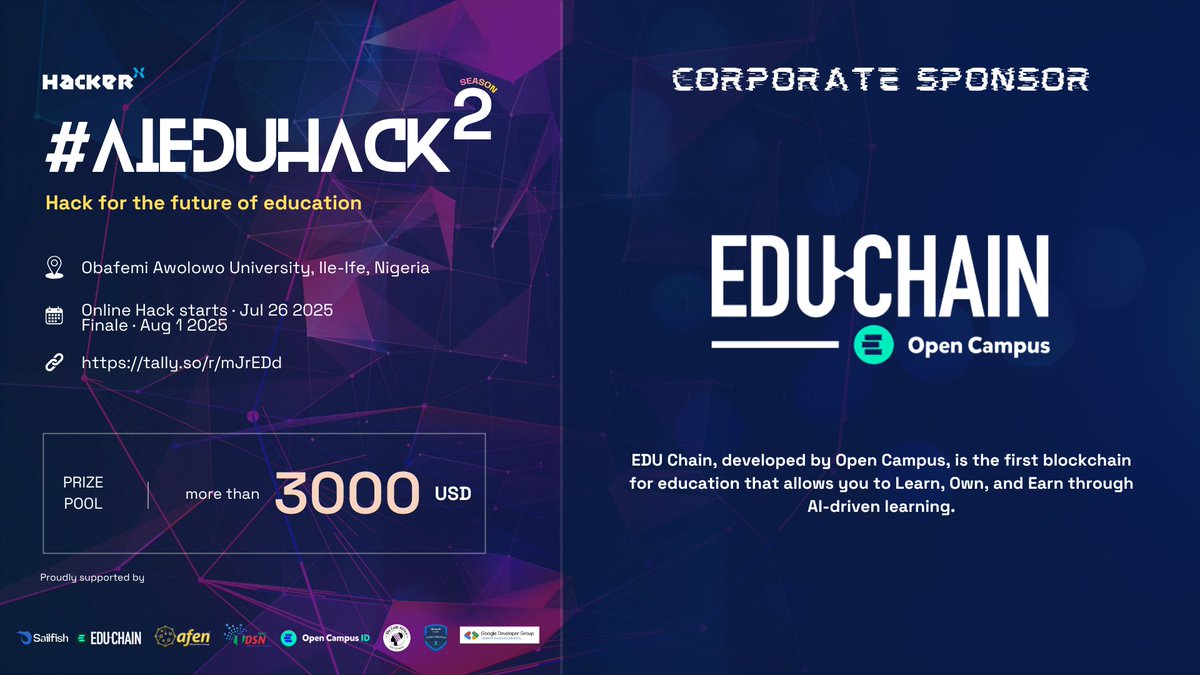 hackerxafrica's tweet image. HackerX 🤝 @educhain_xyz 

EduChain is the official blockchain of AI EduHack 2025. If you&apos;re building with blockchain, this is where to start.

Smart, fast, purpose-built for education.

#AIEduHack #hackathon 

🔥 Apply now: dorahacks.io/hackathon/ai-e…