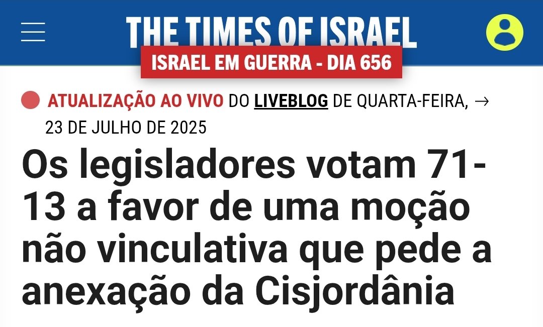 GBonomi_SP's tweet image. ATENÇÃO: o Knesset aprovou uma moção que defende a anexação da Cisjordânia.
Essa proposta NÃO TEM efeito prático e não interfere no status da Cisjordânia, que segue como parte da Autoridade Palestina.
Avisando antes que os pró-Palestina mal intencionados falem de colonialismo.