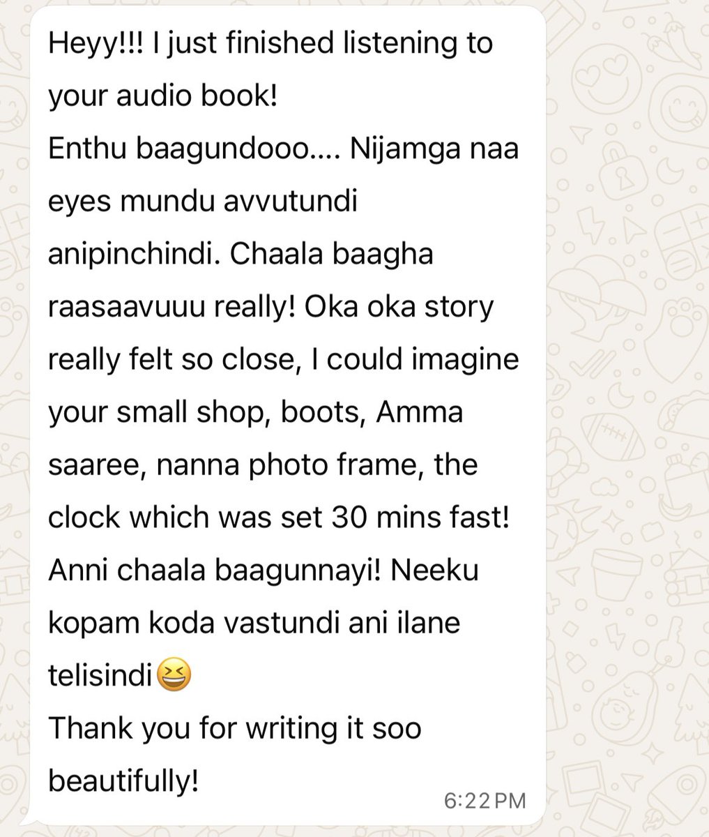 insidemalli's tweet image. నార్త్‌లో పుట్టి పెరిగిన తెలుగు చదవడం రాని ఒక తెలుగమ్మాయి పంపిందిది. 💙

తెలుగు చదవడం రానివాళ్ళు ఇలా ఆడియో బుక్ విని మాట్లాడుతుంటే బాగుంది 🤗

#NallagondaKathalu audio book is available on @chaduvuapp, @Audible_ind and @Storytel_In. 

నా గొంతులోనే వినండి.