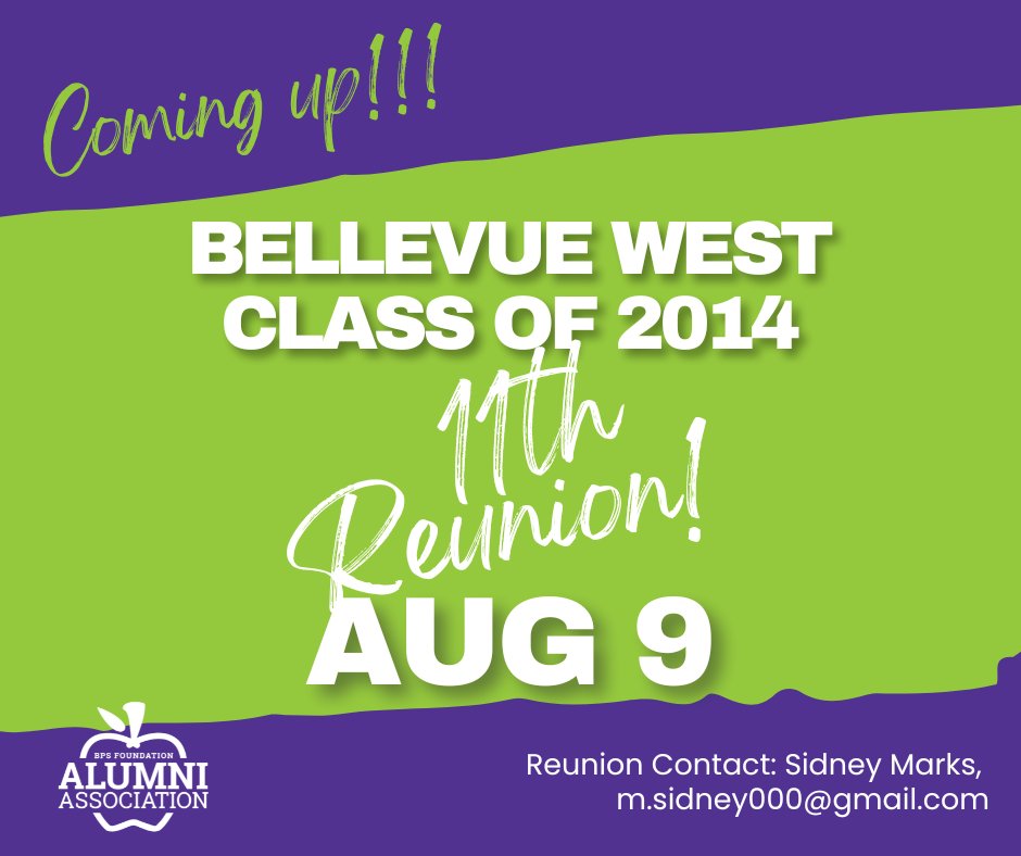 Bellevue Alumni Association (@bpsalumni1) on Twitter photo 🎉 Attention Bellevue West, Class of 2014 Alumni! 🎉
Your 11th Reunion is coming up!
Saturday, August 9, 2025: 6:30 pm at DJ's Dugout, 10308 S 23rd St.
Contact: Sidney Marks, m.sidney000@gmail.com
RSVP to Sidney Marks or use the QR code found here: bellevuealumni.net/upcoming_reuni… 🎉 Attention Bellevue West, Class of 2014 Alumni! 🎉
Your 11th Reunion is coming up!
Saturday, August 9, 2025: 6:30 pm at DJ's Dugout, 10308 S 23rd St.
Contact: Sidney Marks, m.sidney000@gmail.com
RSVP to Sidney Marks or use the QR code found here: bellevuealumni.net/upcoming_reuni…