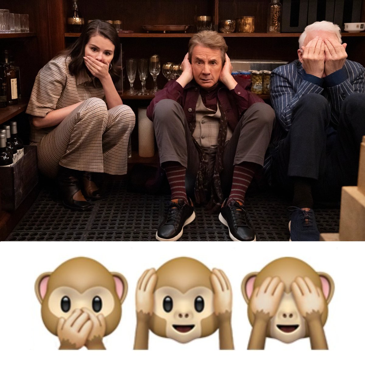 SELENAT0RSARMY's tweet image. Selena Gomez, Martin Short, and Steve Martin recreate the ‘Three Wise Monkeys’ for ‘ONLY MURDERS IN THE BUILDING’ Season 5.