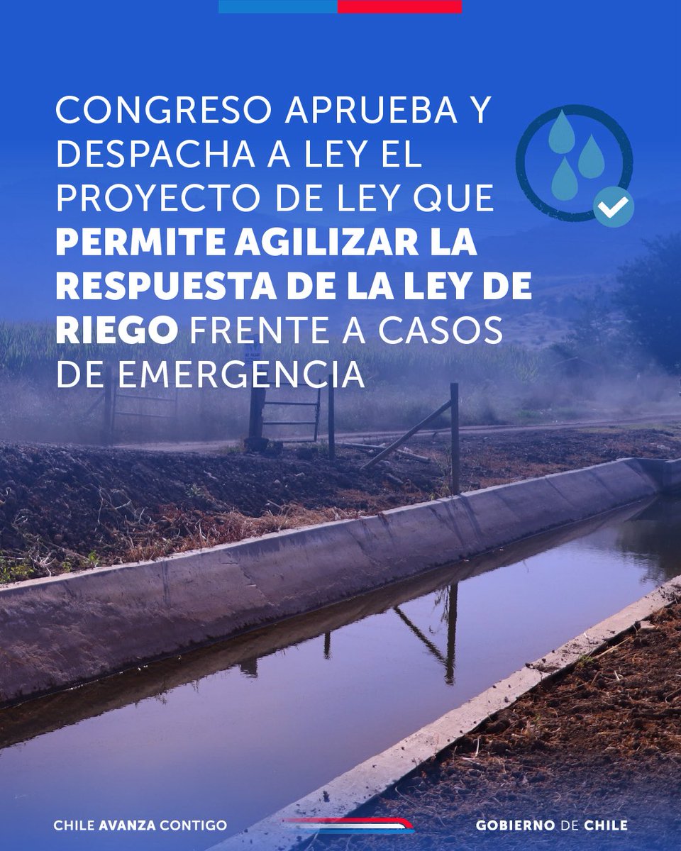 Ministerio de Agricultura de Chile 🇨🇱 (@minagricl) on Twitter photo ¡Mejoramos la respuesta frente a emergencias con la #LeydeRiego!💧✔️
Hoy el Congreso aprobó y despachó una modificación a la ley de riego de la <a href="/CNRCHILE/">Comisión Nacional de Riego Chile</a> en casos de emergencia.
👉 Esto permitirá una respuesta más ágil ante emergencias climáticas o por contaminación que afecten ¡Mejoramos la respuesta frente a emergencias con la #LeydeRiego!💧✔️
Hoy el Congreso aprobó y despachó una modificación a la ley de riego de la <a href="/CNRCHILE/">Comisión Nacional de Riego Chile</a> en casos de emergencia.
👉 Esto permitirá una respuesta más ágil ante emergencias climáticas o por contaminación que afecten