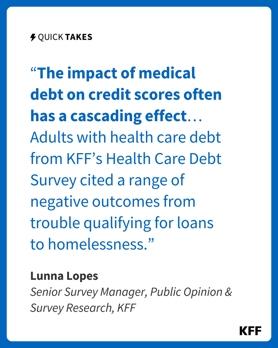 KFF's tweet image. ⚡ KFF’s Lunna Lopes explores how medical debt affects consumers, an issue back in the news after a recent court decision blocked a federal rule that would have stopped medical debt from being included in people’s credit reports. #QuickTake on.kff.org/4lN5zzy