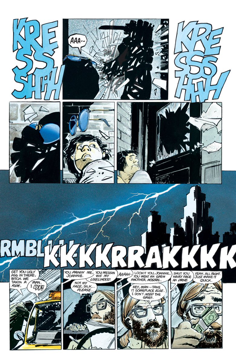 KombatKnight's tweet image. The build-up to Bruce becoming Batman is so insanely cinematic. The lightning amidst the scenes, the slight teases showcasing solely his fists and gadgets.
This is the beginning of the book, but Miller is already able to masterfully convey the weight of Batman's return