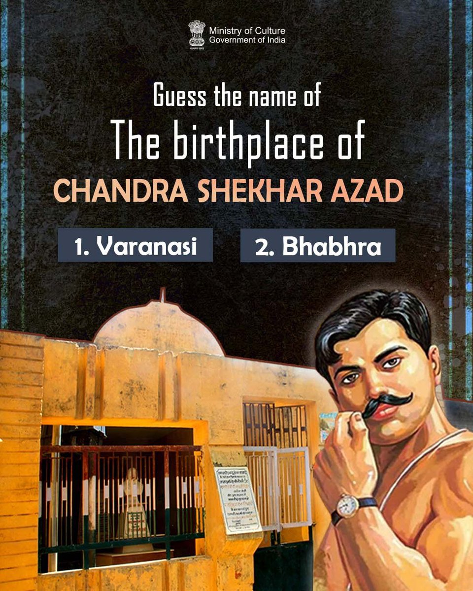 MinOfCultureGoI's tweet image. Hint: This place was renamed as Chandra Shekhar Azad Nagar, and its main attractions include the hut where Azad is said to have spent his childhood. 

Guess the name of the place &amp;amp; share in the comment section.

#JustQuizzing #CultureUnitesAll
