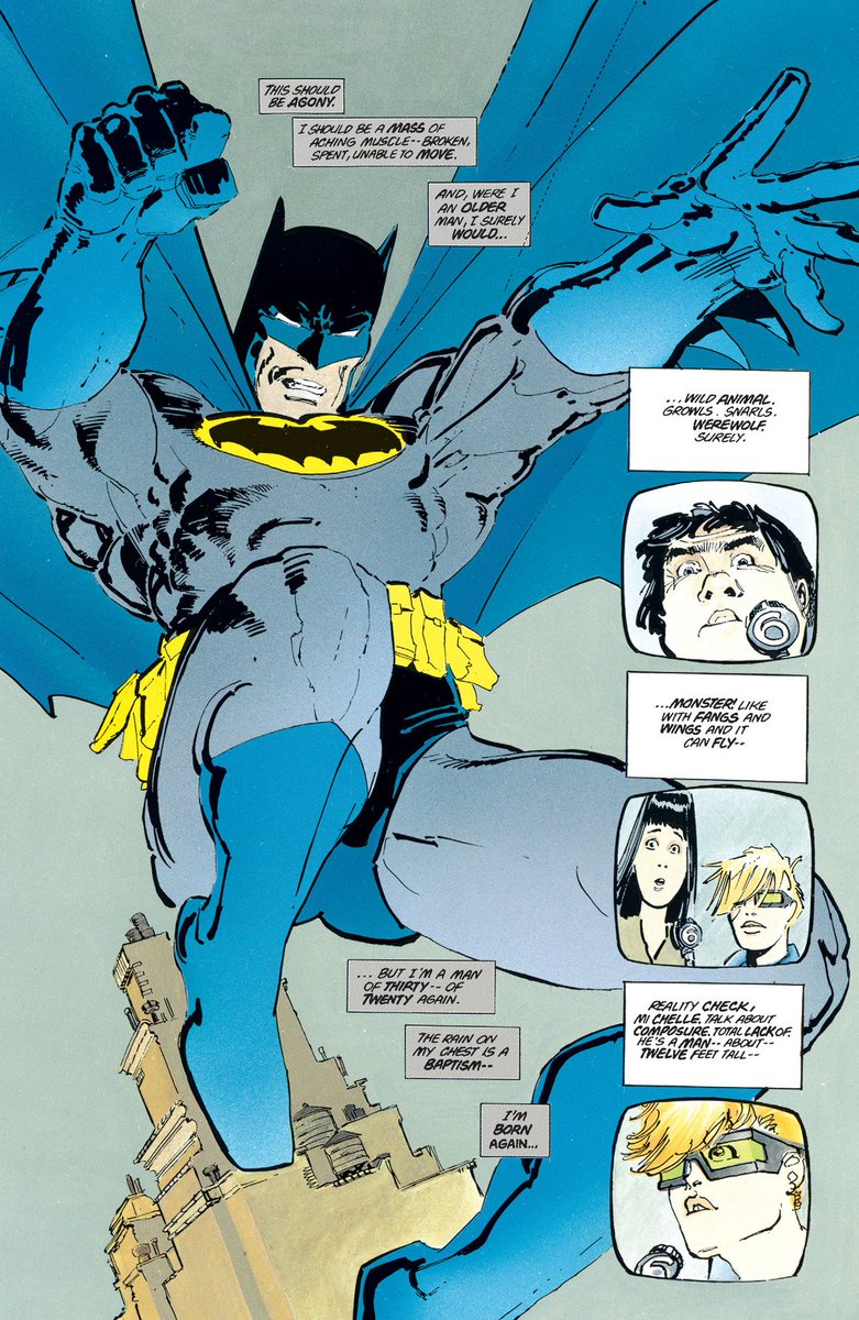 KombatKnight's tweet image. The build-up to Bruce becoming Batman is so insanely cinematic. The lightning amidst the scenes, the slight teases showcasing solely his fists and gadgets.
This is the beginning of the book, but Miller is already able to masterfully convey the weight of Batman's return