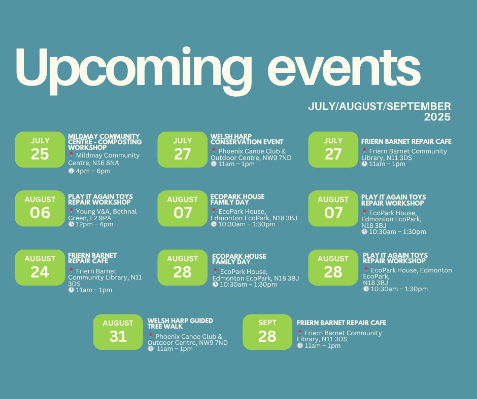 Get hands-on with sustainability this summer!☀️ 

Check out some of our upcoming community events to get you started:

🪱 25 July – Composting workshop: Learn how to make a wormery! 
📍 Mildmay Community Centre, 4–6pm 

🛶 27 July – Welsh Harp conservation event 
📍 Phoenix Canoe