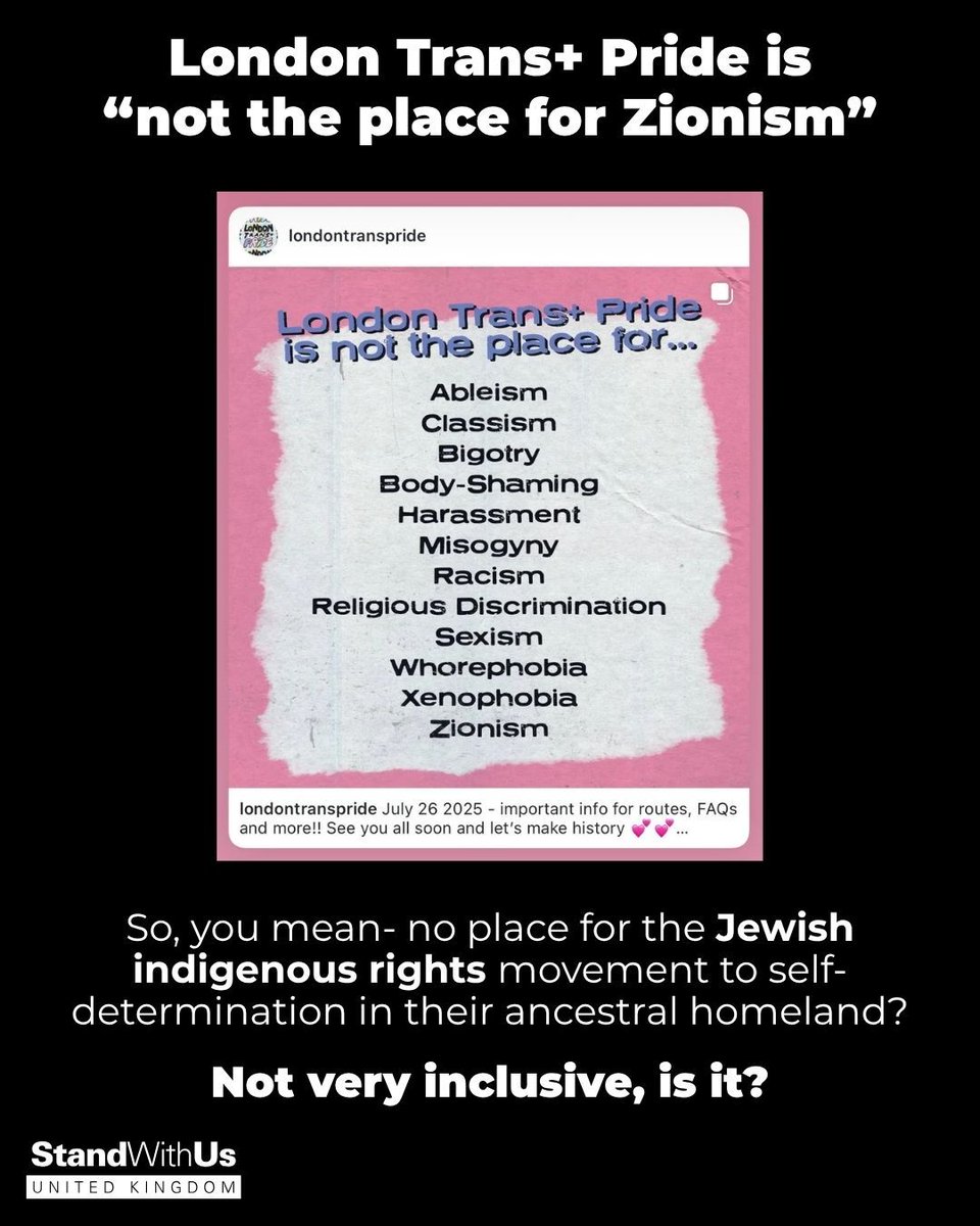 London Trans+ Parade posted this on their social media that it is “not the place for Zionism” 

Zionism is the movement supporting the Jewish people's indigenous right to self-determination in their ancestral homeland, Israel. Approx. 80% of British Jews identify as Zionists.