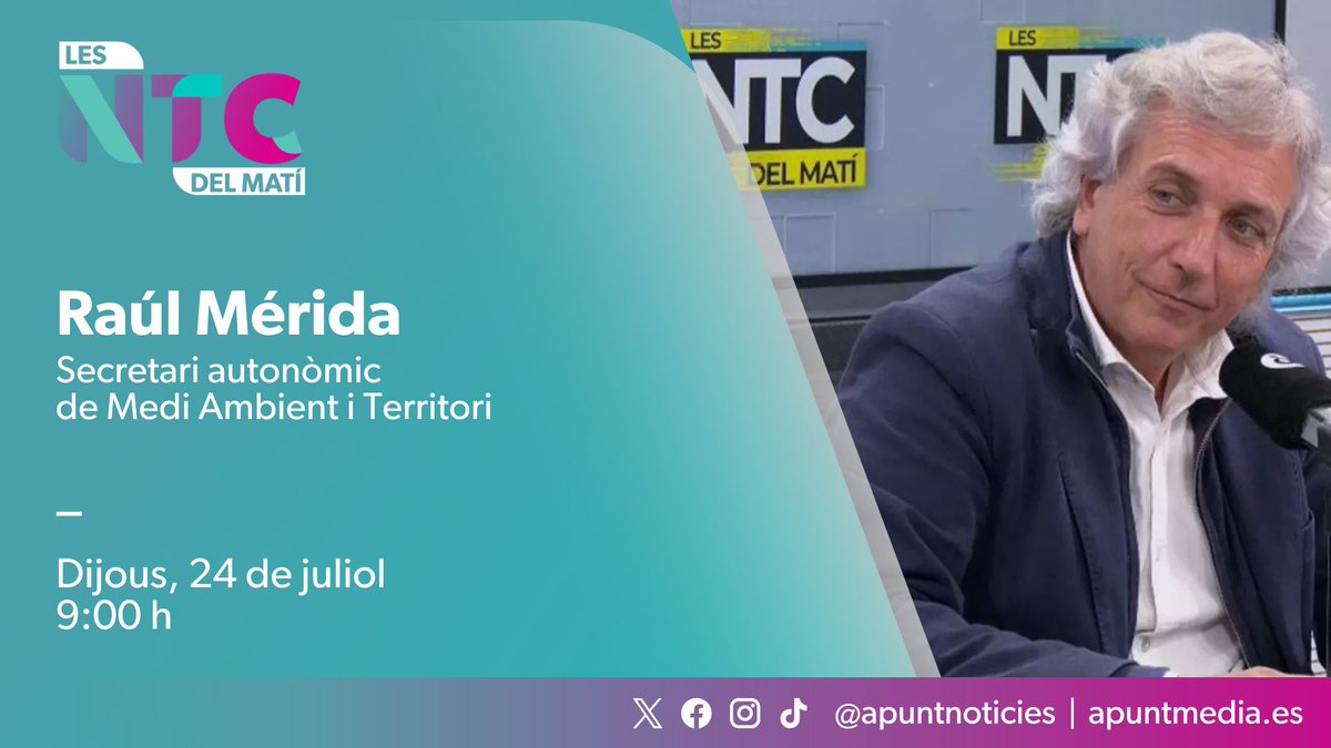 NTCdelMati's tweet image. 🎙️Demà dijous entrevistarem Raúl Mérida (@Raulnaturalista), secretari autonòmic de Medi Ambient i Territori (@GVAMediAmbient).
➡️Amb @DaValero, @julianlarraz i @cpascualr en la tertúlia.
⏰ 09:00 h
📻 web.apunt.es/RàdioEnDirecte
📺 web.apunt.es/DirecteTV