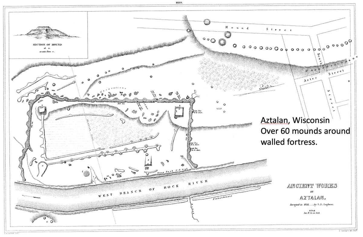DrGregLittle2's tweet image. 1800's survey of the 60+ mounds at the Aztalan, Wisconsin mound complex. This was a walled fortress directly related to Cahokia in AD 1200.
