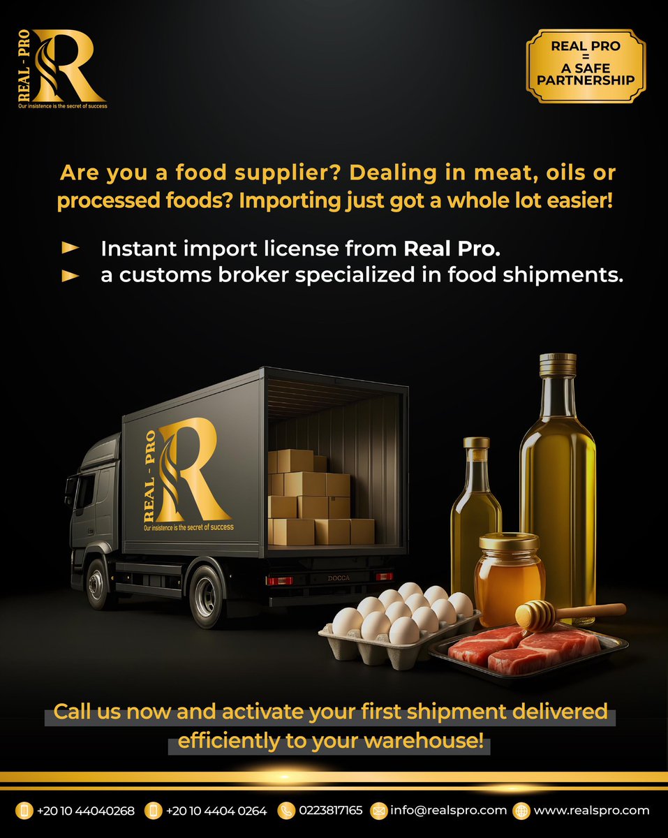 REALPRO31287's tweet photo. 🍽 Food supplier? Meat/oil factory? Restaurant chain?

With Real Pro Group 🥇
Import legally without your own license!

🧾 Ready Import License
🚛 Fast Customs Clearance
✅ 100% Legal

📞 01044040264
📍 Nasr City
#FoodImport #RealPro #ImportMadeEasy https://t.co/4ZCeCw0aWi