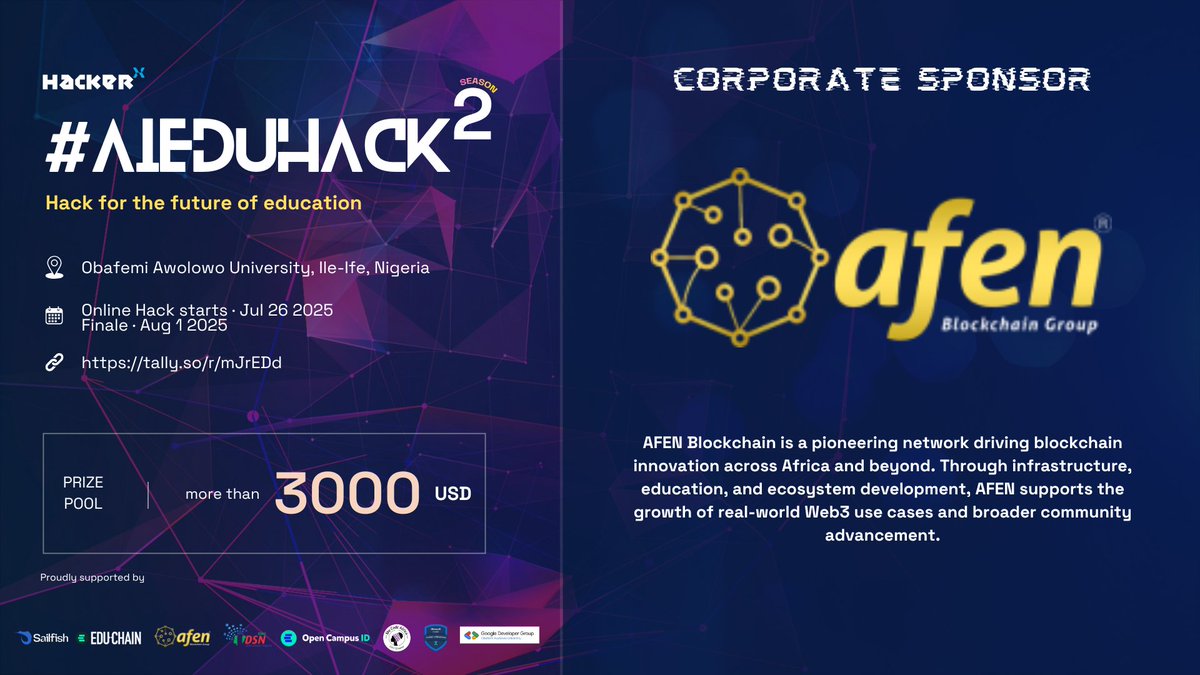hackerxafrica's tweet image. HackerX 🤝 @Afenblockchain 

AFEN Blockchain joins AI EduHack 2025 as a key partner helping move the ecosystem forward.

A leader in blockchain innovation across Africa, and now part of this build cycle.

#AIEduHack #BuildInPublic