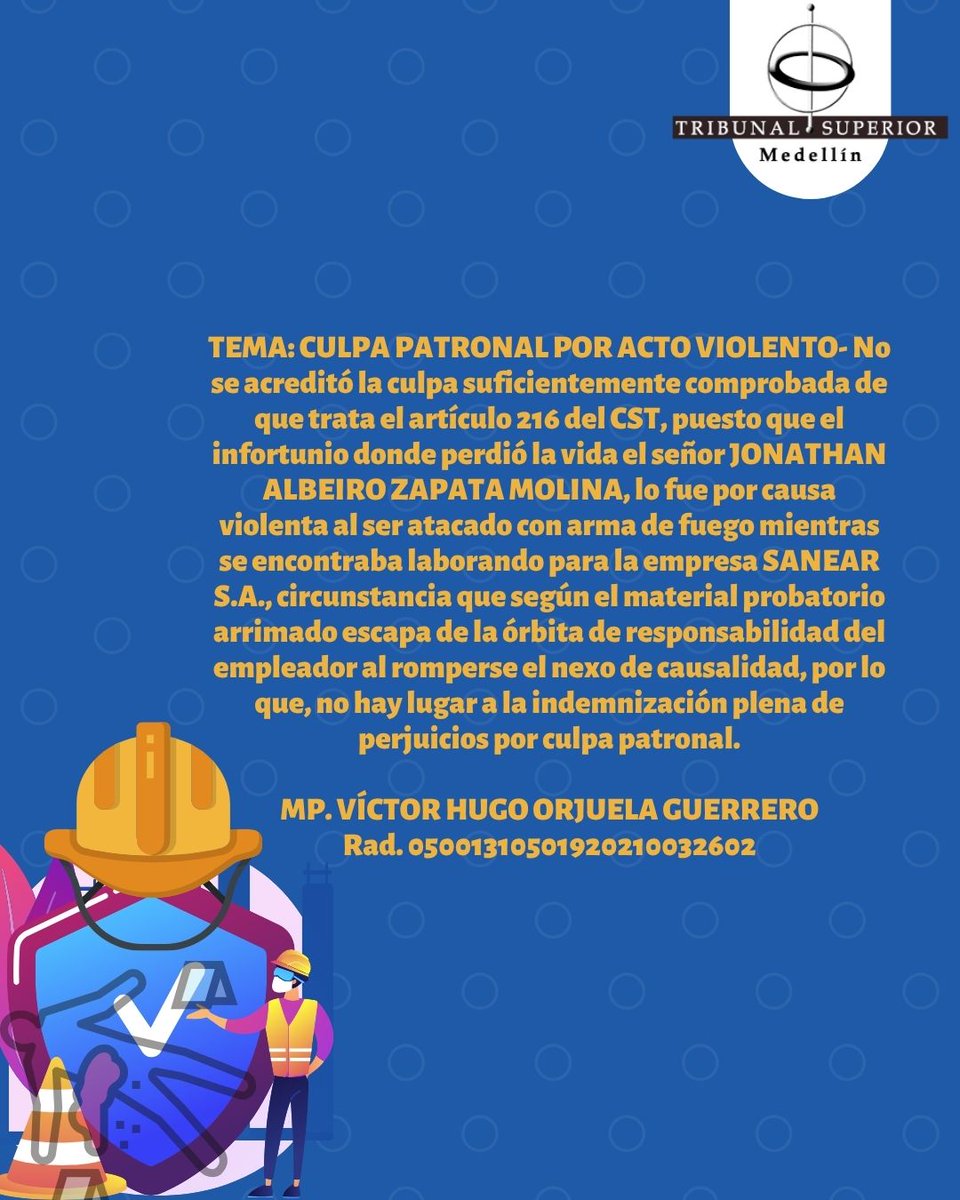 TEMA: CULPA PATRONAL POR ACTO VIOLENTO
MP. VÍCTOR HUGO ORJUELA GUERRERO
Rad. 05001310501920210032602
Sala Laboral
Descarga la providencia a través del QR que se encuentra en la imagen de nuestro Instagram @tribsupmed instagram.com/p/DMdMCGHOQa4/…