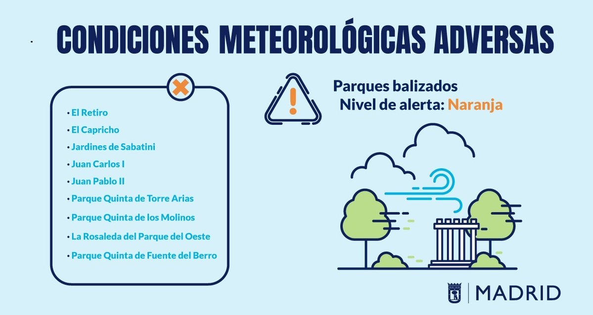 JMDCentro's tweet image. 📢 Este miércoles 23 de julio, de 21:00 a 24:00h se activa la alerta naranja 🟠 por condiciones meteorológicas adversas según previsiones de @AEMET_Esp
🌳 El Retiro y otros ocho parques de la ciudad mantendrán zonas balizadas
👉 informate.madrid.es/jol6d177