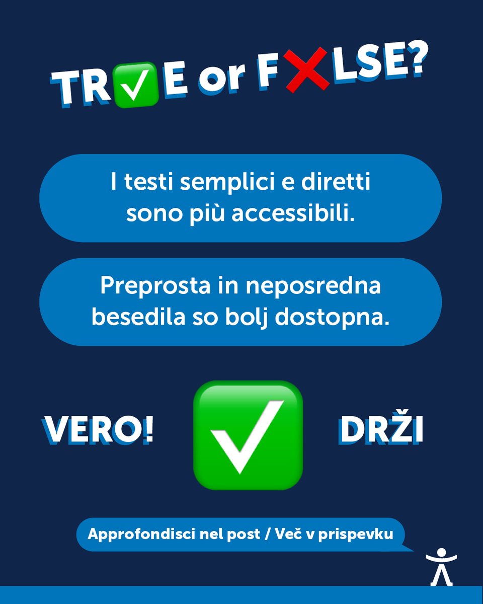 datis_interreg's tweet image. 🇮🇹 “I testi semplici sono più accessibili.”
✅ Vero! Chiarezza = inclusione.

🇸🇮Enostavna besedila so bolj dostopna.&quot;
✅ Res je! Jasnost = vključenost.

#DATIS #Interreg #interregitaslo #accessibility #accessibilità #dostopnost