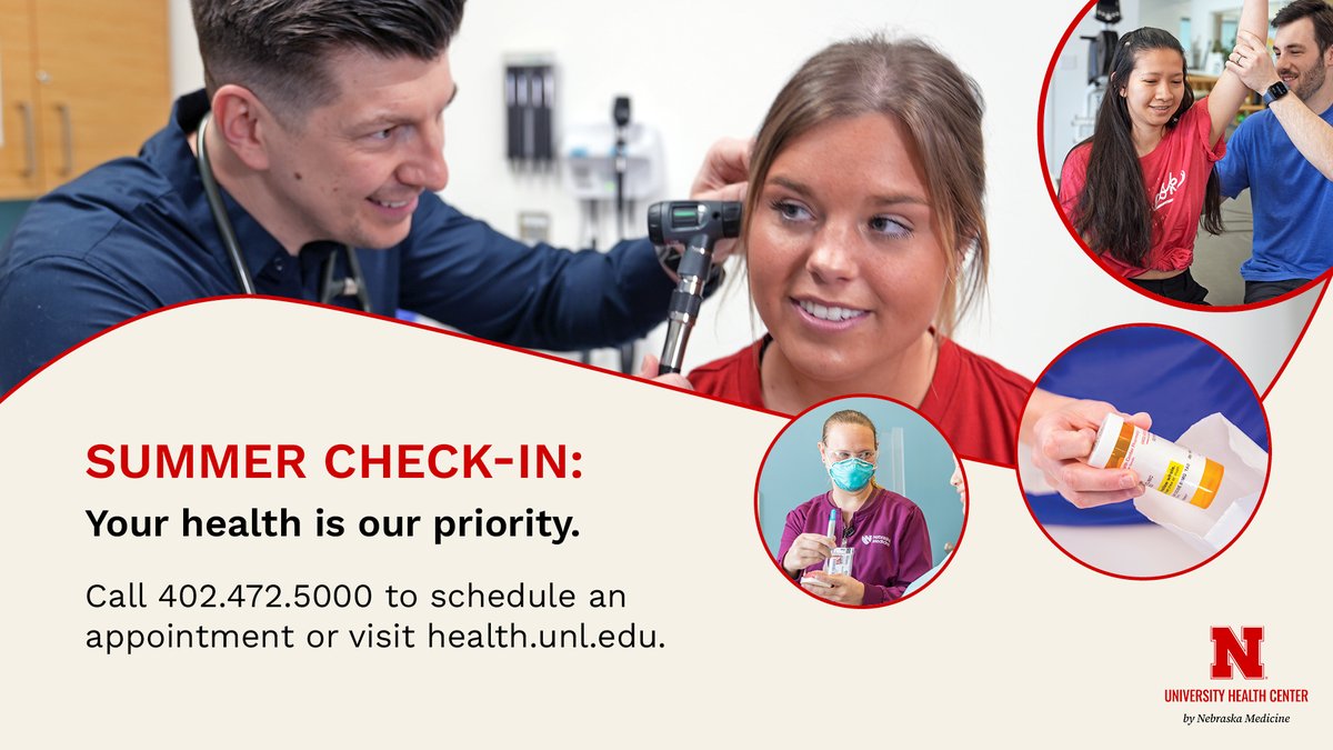 UNLHealthCenter's tweet image. Summer is a great time to stop by the University Health Center and check in on your health. Make your health a priority by scheduling an appointment >>> health.unl.edu